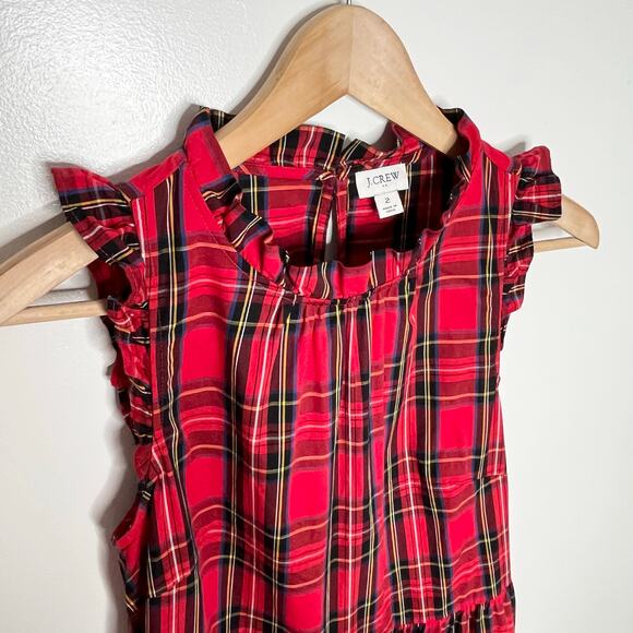 J. Crew Factory Tiered Midi Dress 2 Red Plaid Ruffle Neck Pockets Cotton Holiday - Picture 7 of 12